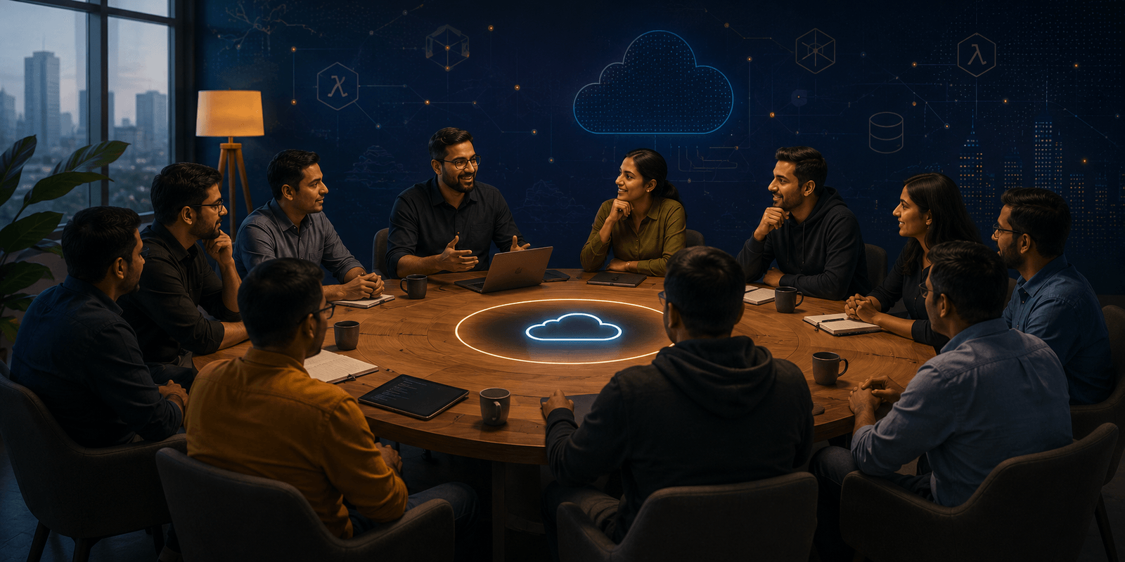 Engineers gathered around a table in a candid, open roundtable discussion